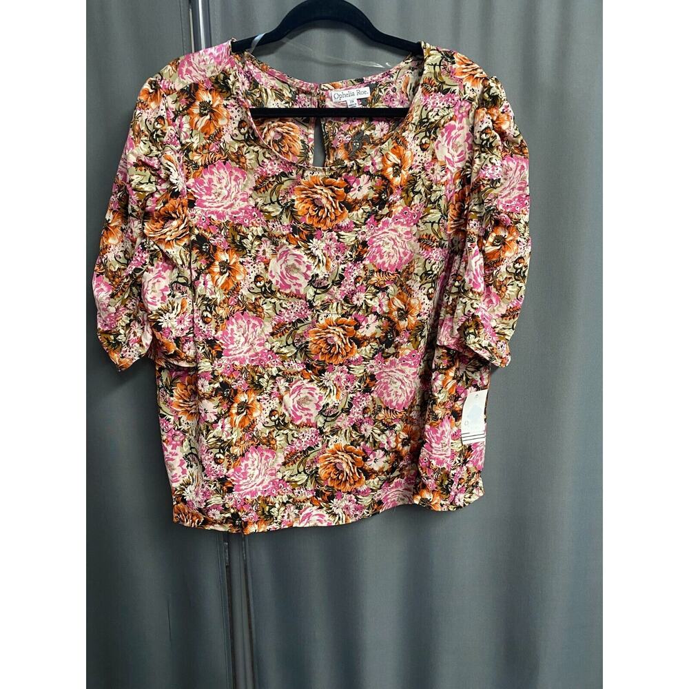 Ophelia Roe. Blouse Top Women 2X Multicolor Floral Long Ruched Sleeve Preppy B67